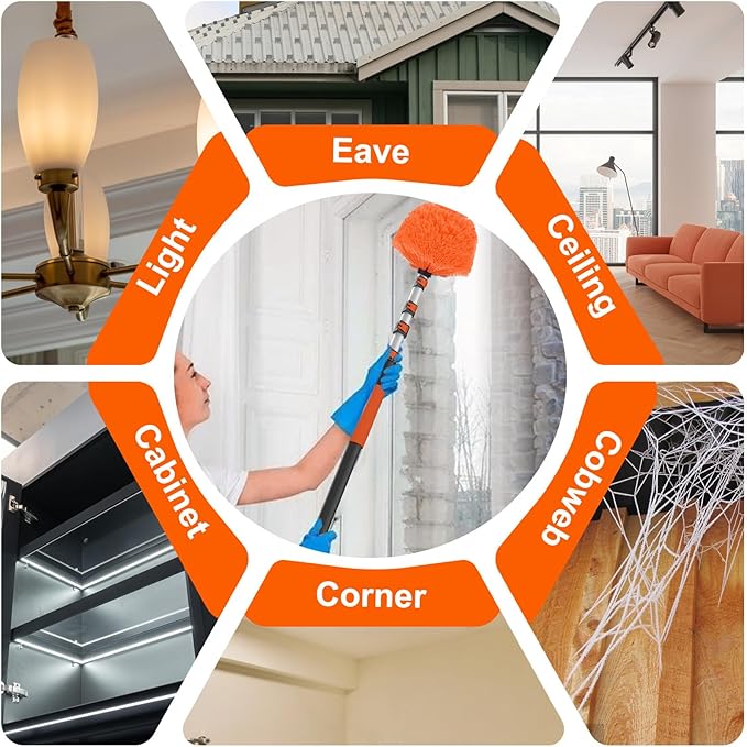 SISUPASSIE 20FT Reach Cobweb Duster with Extension Pole, High Ceiling Long Duster with 3-12FT Telescoping Pole, Spider Web Brush for Indoor Outdoor Use