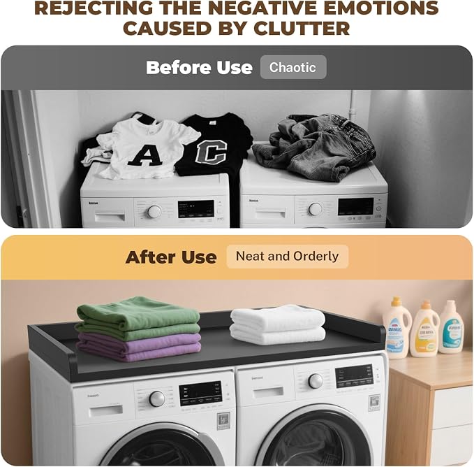 FAHKNS Washer Dryer Countertop - Wood Laundry Washer Dryer Topper with Anti-Slip Mat, 54" Width Waterproof Laundry Room Organization, Light & Save Space, Black