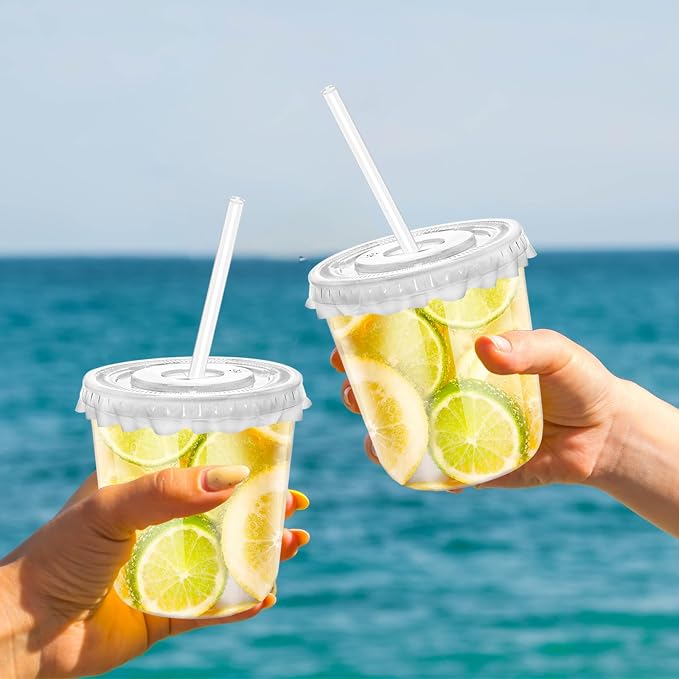 12oz Disposable Stemless Glasses with Flat Lids and Straws,PET Disposable Drinking Cups,Clear Plastic Wine Glasses for Parties Birthday,Wedding,Meeting,Christmas Party Supplies. (100, Transparent)