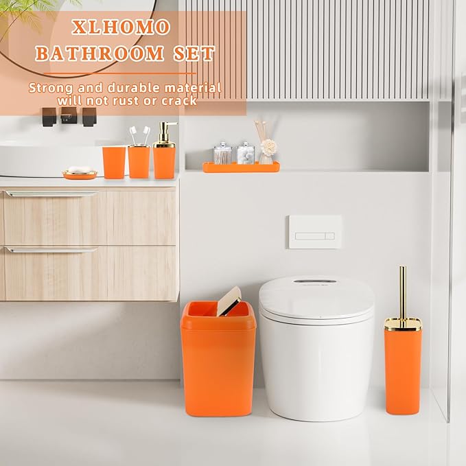 XLHOMO Orange Bathroom Accessories, 24 Pieces Orange and Gold Bathroom Accessories Set with Shower Curtain, Bath Towels, Trash Can, Soap Dispenser and Soap Dish for Bathroom/Housewarming