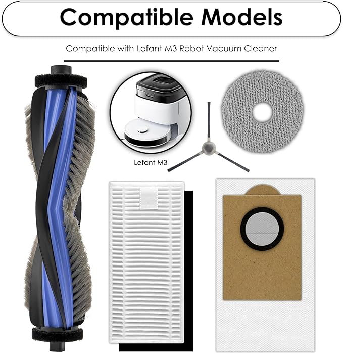 (20 Pack) M3 Replacement Parts Compatible with Lefant M3 Robot Vacuum Cleaner, 1 Roller Brush, 6 Side Brushes, 5 Dust Bags, 5 HEPA Filters with Foam Filters, 3 Mop Pads, Accessories Kit