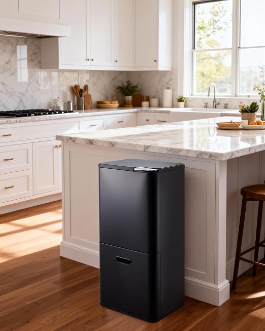 Garvee 16 Gal Dual Trash Can for Kitchen, 2 Compartment (33l + 28l) Garbage Can with Compost Bin, Stainless Steel Trash and Recycle Bin Combo with Removable Inner Bucket, Odor Control, Black