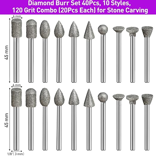 120-Grit Diamond Grinding Bit 1/8" Shank Compatible with Dremel Rotary Tool, 22Pcs Diamond Grinding Burrs for Stone Jade Glass Resin Metal Porcelain Ceramic Quartz Glaze Carving Engraving Polishing