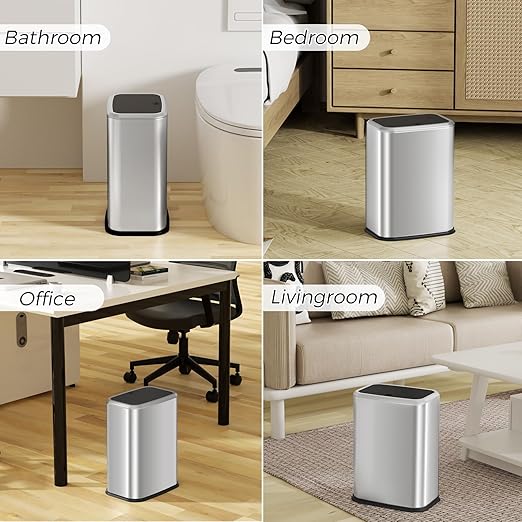 Bathroom Trash Can with Lid, 8L/2.1 Gallon Silver Trash Can Small Garbage Can with Press Top Lid Slim Stainless Steel Garbage Can with 100 Counts Trash Bags for Bathroom Bedroom Kitchen Office Toilet