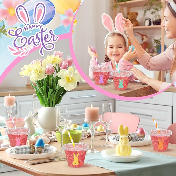 Whaline 60Pcs 9Oz Easter Disposable Plastic Cups with Lids and Straws Candy Color Bunny Rabbit Cold Beverage Drinking Cups for Iced Coffee Smooth Juice Tea Milkshake