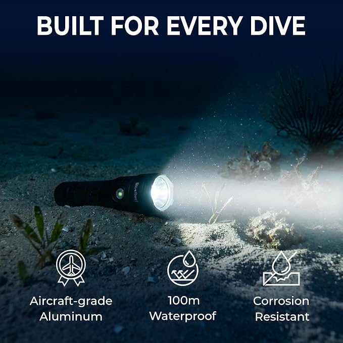 Blue Reef 2000 Lumens Scuba Dive Light, 390m Long-Range Beam, 4Hr Runtime / 2Hr at Full 2000LM Output – USB-C Rechargeable, 100m Waterproof Diving Flashlight for Scuba & Night Diving