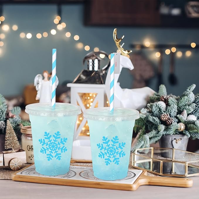 Whaline 50 Pcs Christmas Disposable Plastic Cups with Lids and Straws 12 oz Party Cups Blue Snowflake Cold Beverage Drinking Cups for Winter Xmas Holiday Party Supplies