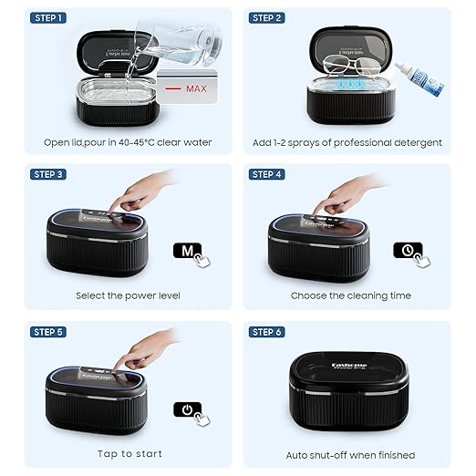 Ultrasonic Jewelry Cleaner Machine with 2×100ml Cleaning Solution, 45kHz Sonic Cleaner for Rings, Glasses & Watch Band, 550ML Stainless Steel Tank, 5 Timer, 3 Power Levels, Degas Mode-Black