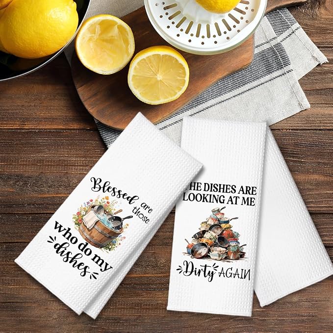 The Dishes are Looking at Me Dirty Again Kitchen Towels 2 Pack, Kitchen Towels Set, Funny Kitchen Towels with Saying, New Home Housewarming Gifts for Wife Neighbor Friends