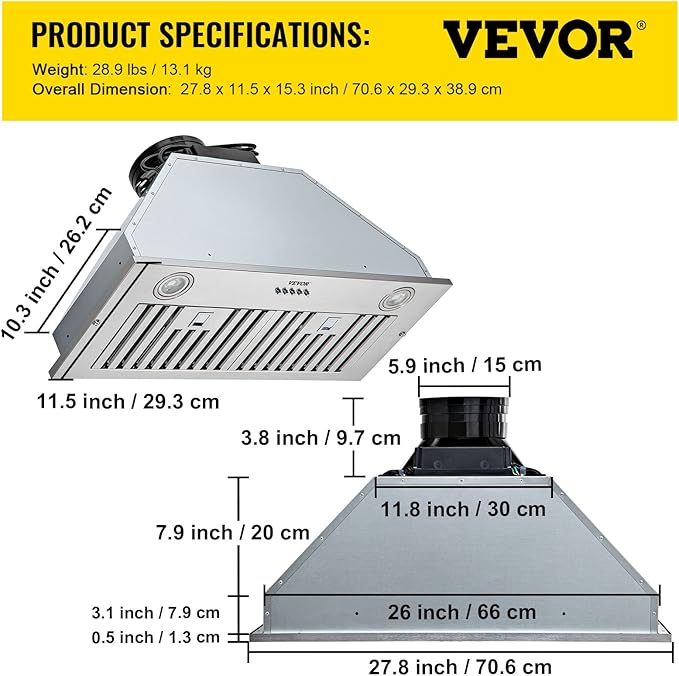 VEVOR Insert Range Hood, 800CFM 3-Speed, 30 Inch Stainless Steel Built-in Kitchen Vent with Push Button Control LED Lights Baffle Filters, Ducted/Ductless Convertible, ETL Listed