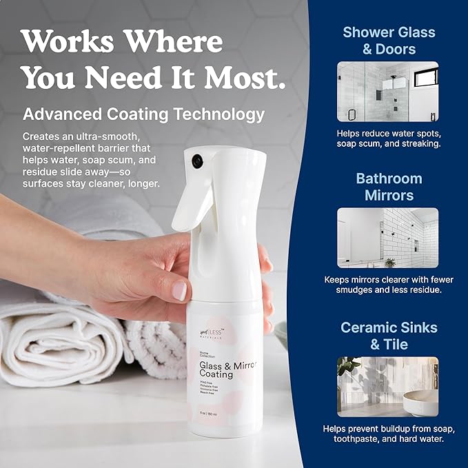 spotLESS MATERIALS Glass and Mirror Protective Coating Spray, Anti-Residue Barrier for Shower Glass, Mirrors, Windows & Bathroom Surfaces, Stain Resistant Spray, Quick Effect Coating Agent
