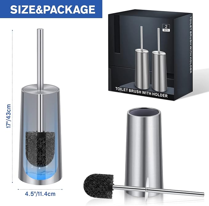Toilet Brush and Holder, 2 Pack Toilet Brush Stainless Steel, Toilet Bowl Brush for Bathroom Toilet-Ergonomic, Elegant,Durable (Silver)