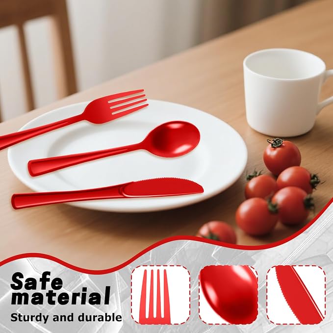 Plastic Silverware 300 PCS Disposable Silverware Heavy Duty Utensil Sets 100 Of Each Forks Knives & Spoons Disposable Cutlery Set For Easter,Birthday,Baby Shower,Garden Party,Wedding(300,Red)