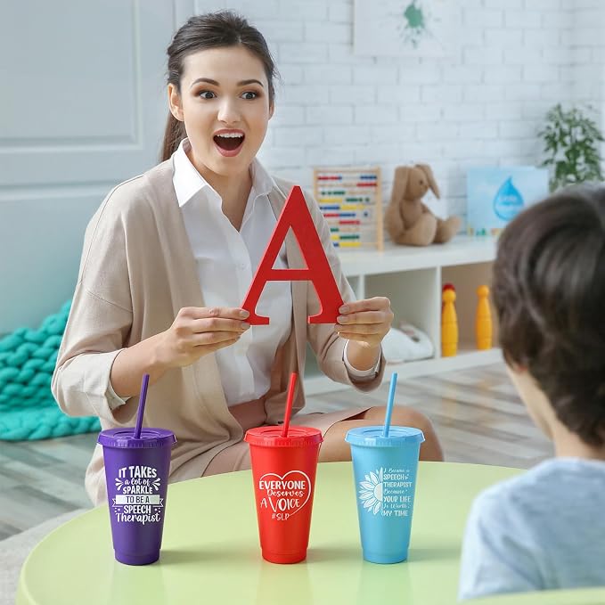 Meanplan 24 Pcs Speech Language Pathologist Gifts Bulk 24 oz Plastic Tumbler with Lids and Straws Slp Thank You Cups Back to School Gifts for Teacher First Day of School Slp Office Supplies