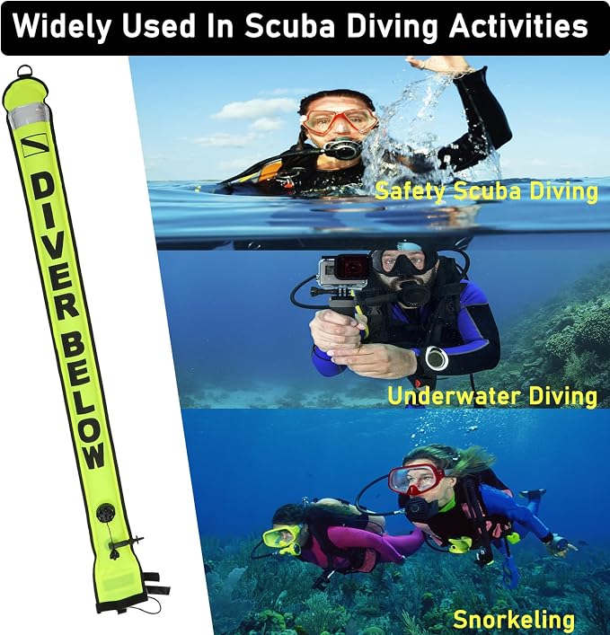 4ft Surface Marker Buoy, Hi-Vi Inflatable Scuba Signal Tube with Reflective Strip, Scuba Diving Open Bottom Float (SMB) for Underwater Diving Snorkeling