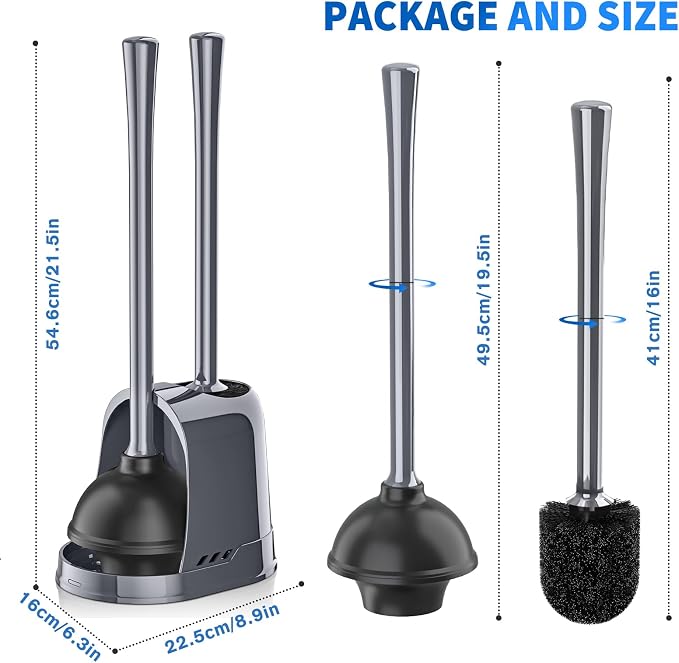 Toilet Plunger and Brush, Silicone Bowl Brush and Heavy Duty Toilet Plunger Set with Ventilated Holder, 2-in-1 Toilet Brush and Plunger Combo for 5.3-inch Bathroom Cleaning (Gray, 1 Set)