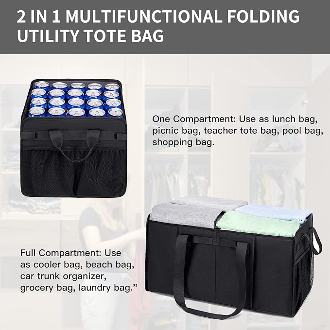 Extra Large Utility Tote Bag with Wire Frame Collapsible Reusable Grocery Bags Heavy Duty Shopping Bags for Groceries with Handles Trunk Organizer for Beach Travel Picnics Camping Laundry