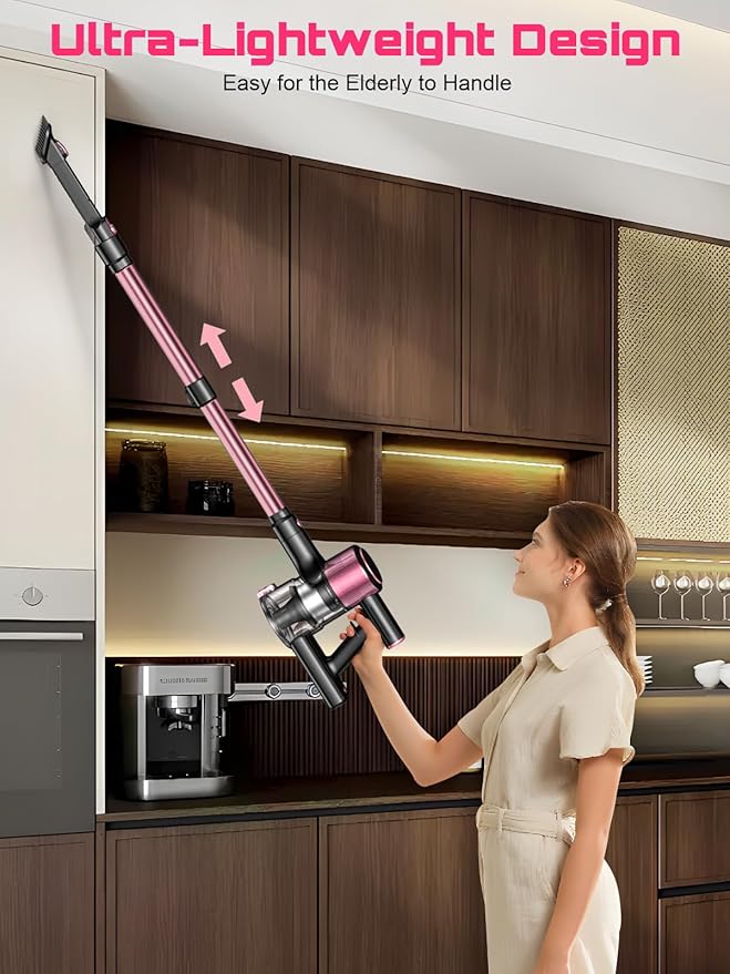 Cordless Vacuum Cleaner, 10 in 1 Stick Vacuum with Powerful Suction, Hose, Green LED Light, Anti-Tangle Brush, Lightweight Rechargeable Vacuum Cleaner for Home, Hardwood Floors, Carpets, Pet Hair,Pink
