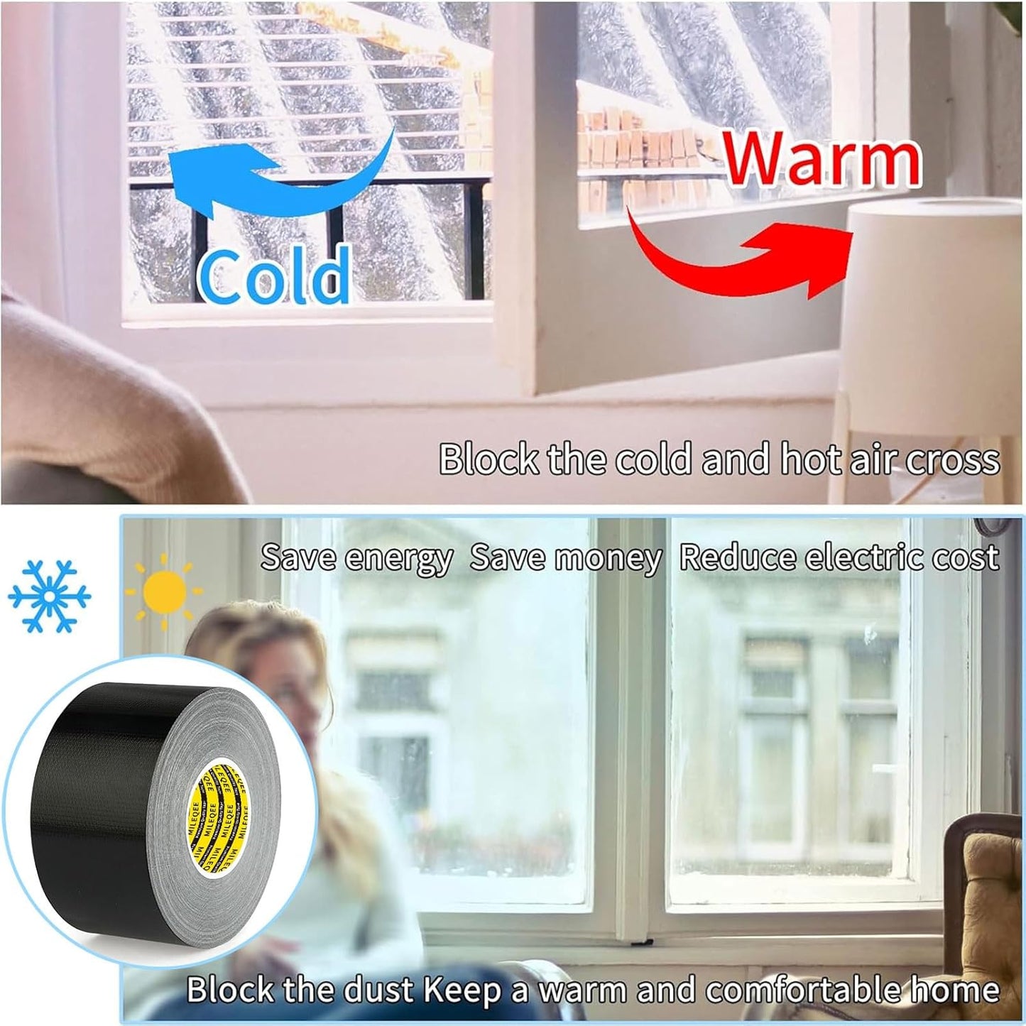 Cloth Duct Window Seal Strip Tape for Winter, 1.89in x 66FT, Weather Stripping Sealing Insulation Tape for Windows and Door, Easy Tear Sealer Draft Blocker Black