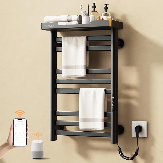 ENZE Smart Heated Towel Rack, 8-Bar Wall-Mounted Electric Towel Warmer with Shelf, Wi-Fi App Control, Adjustable Temperature & 24H Timer, Low Carbon Steel, IPX5, Plug-in/Hardwired, Matte Black