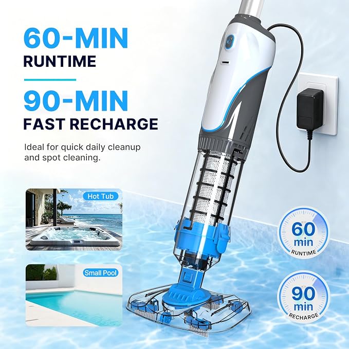 Cordless Pool Spa Vacuum Cleaner Rechargeable Handheld Pool Vacuum with 60-Min Runtime Dual Filtration 3 Cleaning Heads Telescopic Pole for Sand Leaves Hot Tubs Above Ground & Small Pools