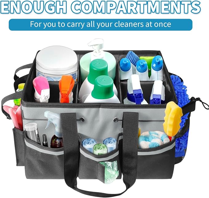 Cleaning Tool Organizer Bag with Handles | 17.8x12.2x9.3in Large Waterproof Cleaning Caddy | Detachable Shoulder Strap & Dividers | for Car Detailing, Housekeeping, Cleaners(Grey)
