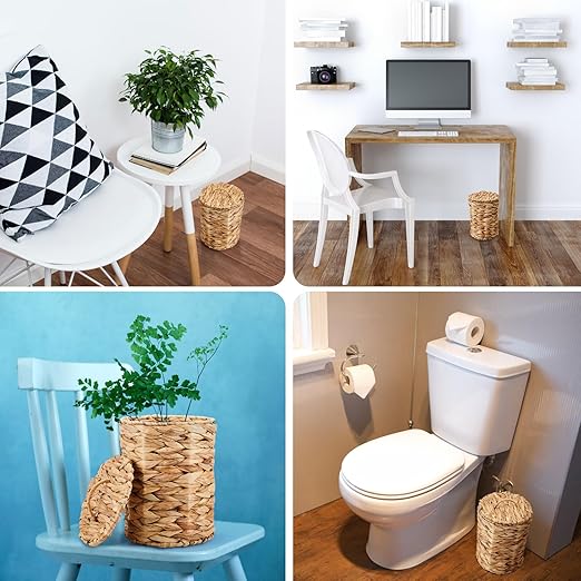 Ctosree 1.3 Gallons Small Trash Can with Lid Handle Boho Woven Braided Bathroom Waste Basket Trash Can with 100 Garbage Bags for Bedroom Office Laundry (Natural, Braided Wicker, Round)