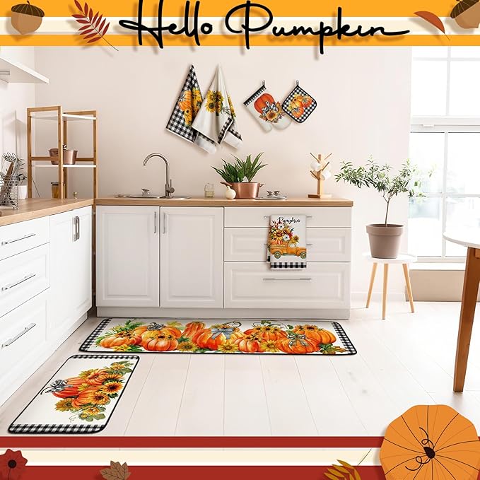 Fanfanwin 10 Pcs Thanksgiving Pumpkin Kitchen Decor Set Kitchen Towels Pot Holders Oven Mitts and Rugs Set Thanksgiving Decor for Baking Cooking BBQ Autumn Home
