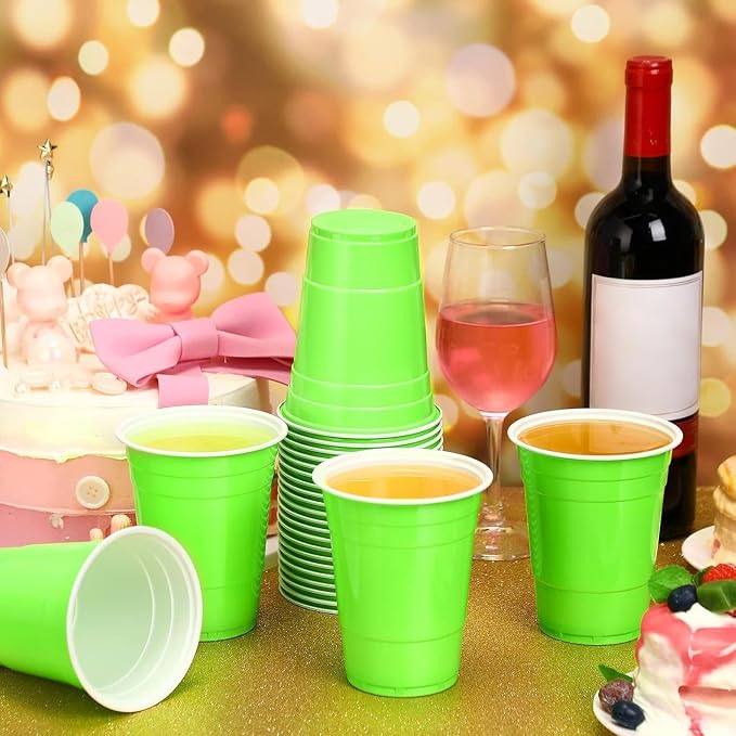 Lounsweer 100 Pcs 16 oz Disposable Party Cups Plastic Heavy Duty Drinking Water Cups for Birthday Baby Shower Wedding BBQ Picnic Party Supplies(Fluorescent Green)