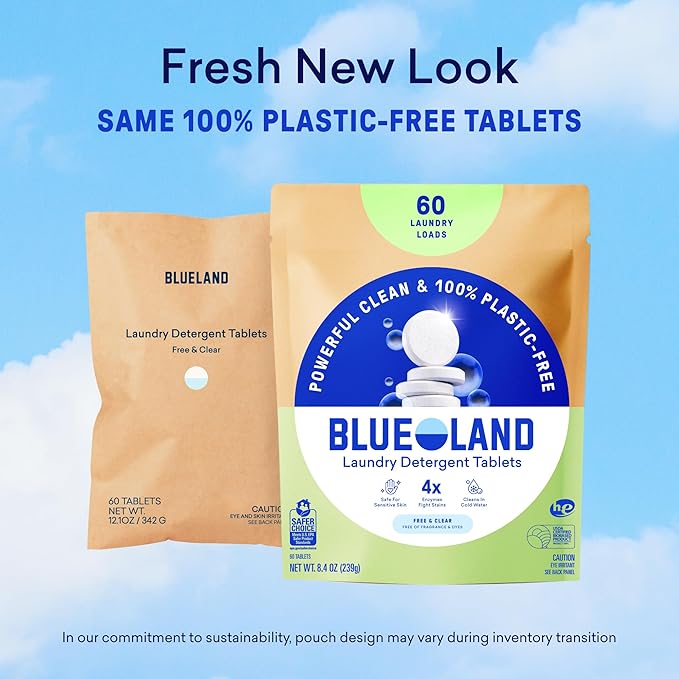 BLUELAND Laundry Detergent Tablets, Starter Set, 60 Count with Tin, Plastic-Free Eco-Friendly Pods, Sheets, Liquid Alternative - Fragrance Free and Clear, Natural, Gentle