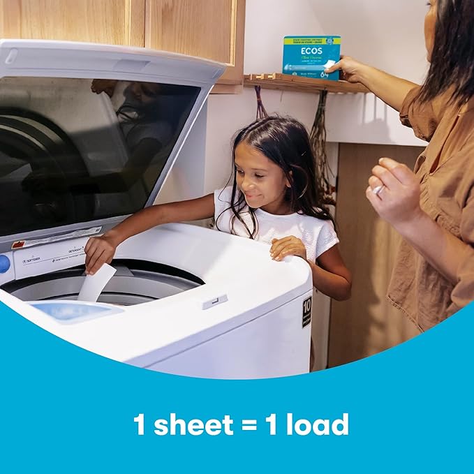 ECOS Laundry Detergent Sheets Vegan, No Plastic Jug, No Mess & Liquid Free - Hypoallergenic, Plant Powered Laundry Detergent Sheet - Free and Clear - 64 Count (Pack of 4)