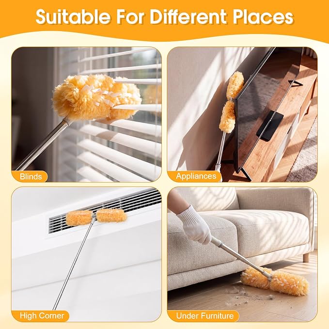 6 ft Extendable Duster Handle with 40 Refills and 1 Pair of Gloves Compatible with Swiffer Duster 360° Heavy Duty Microfiber Dusters Kit for Cleaning High Ceilings and Fans, Vents(Orange)