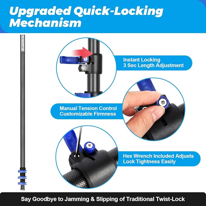 Carbon Fiber 16FT Adjustable Telescopic Pool Pole with Quick-Release Lock - Compatible with Skimmer Nets, Brushes & Vacuums