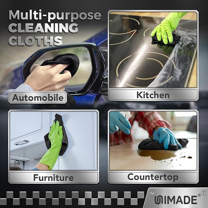 UNIMADE Microfiber Cleaning Cloth, 100 Pack Microfiber Towels for Cars Commercial Grade Work Rags Bulk Detailing Cloth for Automotive Bar Mechanic Restaurant Garage Housekeeping, 11.5"x 11.5", Black