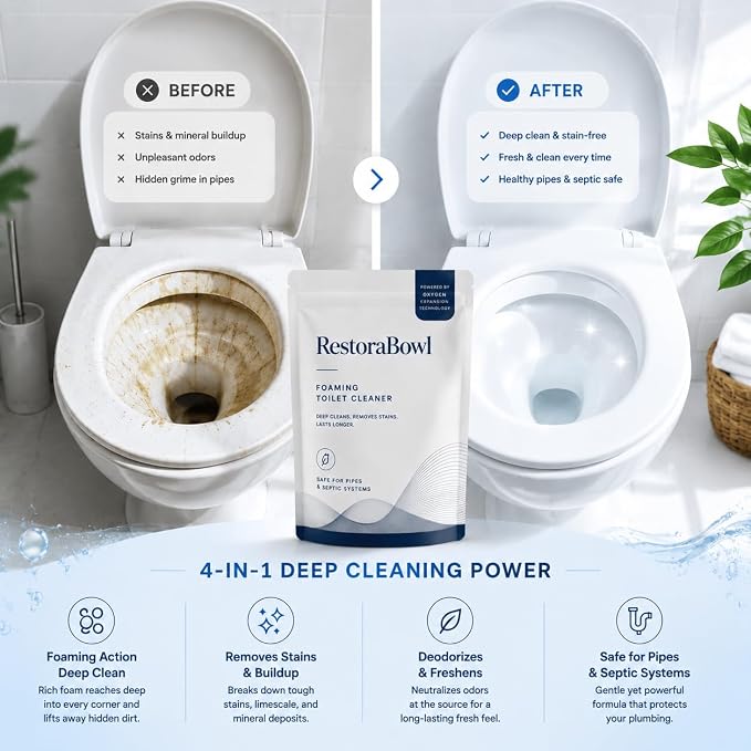RestoraBowl Toilet Bowl Cleaner Foam, Bathroom Cleaning Powder for Daily Use, Oxygen-Based Fast Dissolving Formula, Helps Remove Stains & Maintain Freshness, 3.53 Oz.