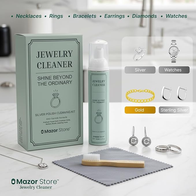 Silver Jewelry Cleaner, Instant Shine, 4-in-1 Gold, Platinum Jewelry Cleaner Solution, Brush, Large Polishing Cloth & Luxury Travel Box – Eco-Friendly, Tarnish Remover & Jewelry Cleaner Kit