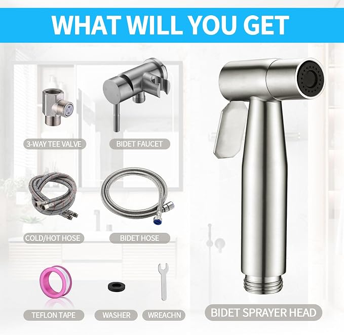 Chomely Warm Water Handheld Bidet Sprayer for Toilet, Mounted on Bathroom Vanity, Cloth Diaper Jet Sprayer Attachment for Feminine Wash, Muslim, Ducha Para Toilet, Pet Shower, Brushed Nickel