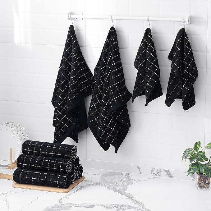 Homaxy Kitchen Towels and Dishcloths Set, 12 x 12 and 20 x 28 Inches, Set of 8 Bulk Cotton Terry Kitchen Towels Set, Checkered Designed, Soft and Super Absorbent Dish Towels, Black