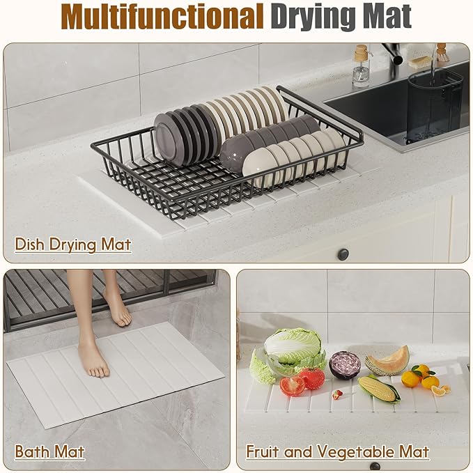 Dish Drying Mat,Stone Drying Mat for Kitchen Counter,Heat Resistant and Super Absorbent Foldable Bath mats,Made of Diatomaceous Earth and Leather.24.8"×15.7" White