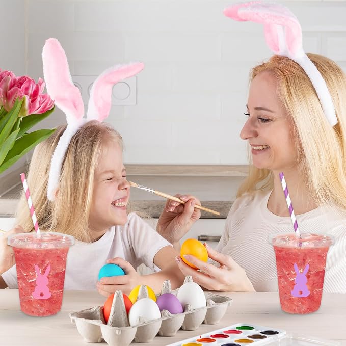 Whaline 60Pcs Easter Bunny Rabbit Disposable Plastic Cups with Lids and Straws 12oz Colorful Bunny Theme Party Cups Spring Beverage Drinking Cup for Anniversary Wedding Birthday Dinner