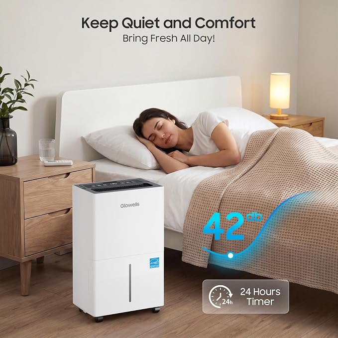 Glowells 4500 Sq.Ft Energy Star Dehumidifier for Basement with Drain Hose, 52 Pints Dehumidifiers for Home, Large Room, RV, Three Modes, Intelligent Humidistat, Quiet Smart Compressor, Auto Defrost