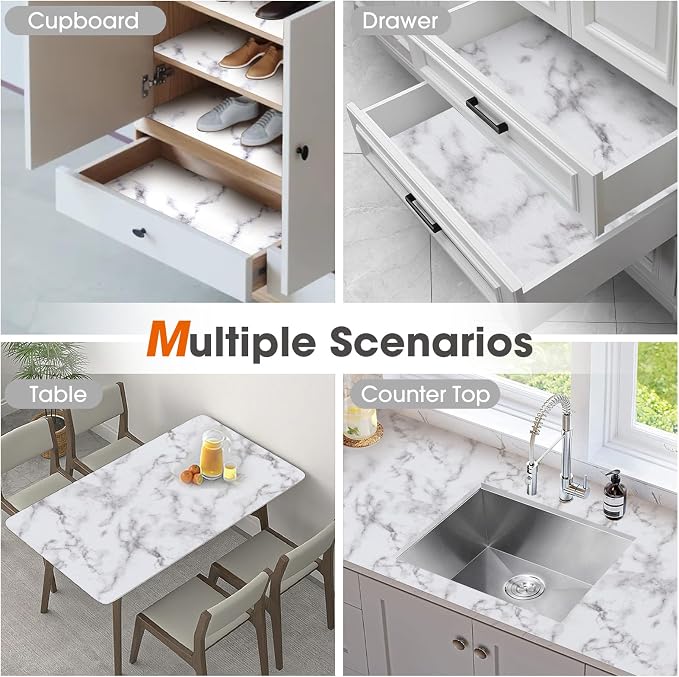 Drawer and Shelf Liner, Non-Slip Kitchen Cabinet Liners Non-Adhesive Thick Strong Grip Waterproof Washable Mats Protect Dresser Shelves Cupboard Bathroom Cabinets, White Marble, 24 in X 20 FT