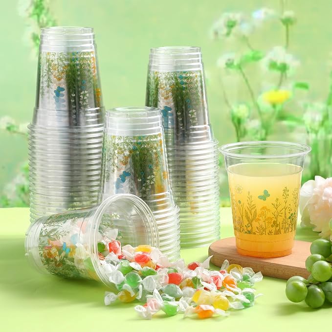 100 Pack Wildflowers Plastic Cups 12 oz Flower Floral Botanical Disposable Clear Plastic Drinking Cups Bulk for Summer Spring Wedding Bridal Baby Shower Birthday Party Decoration Supplies