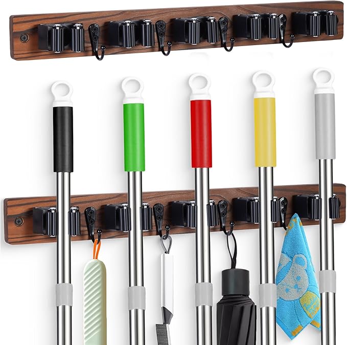 FunCee 2 PACK Broom Holder Wall Mount With 5 Slots & 4 Hooks,Rustic Wood Broom & Mop Hanger,Wall Mounted Garden & Garage Tool Storage Organizer Rack for Closet Laundry Room or Kitchen Wall Decor