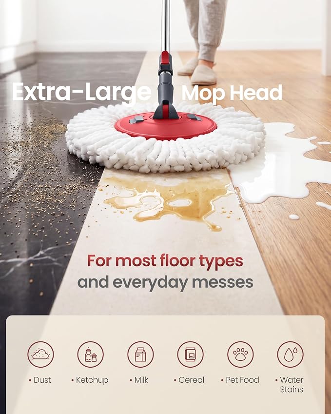 SONGMICS Spin Mop and Bucket Set with Pedal Wringer, Floor Cleaning Mop, Adjustable Telescopic Handle, Max. 59.1-Inch Length, 360° Rotating Head, 3 Microfiber Pads, Gray and Red ULMB002GT03
