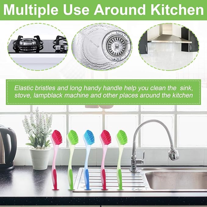 Boao 15 Pieces Long Dish Brush with Handle Assorted Color Dishwashing Brush with Suction Cup Multipurpose Cleaning Tool for Kitchen, Toilet, Etc