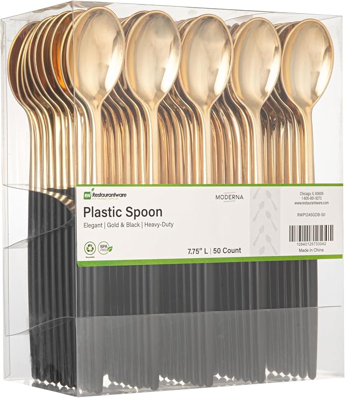 Restaurantware-Moderna 7.75 Inch Fancy Flatware, 50 Durable Plastic Flatware - With Black Handle For Grip, Heavy-duty, Gold Plastic Spoons, Easily Disposable Or Restaurants