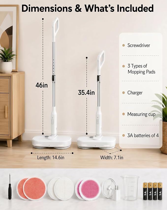 Buways Cordless Electric Mop, Self-Propelled Electric Spin Mop, Gravity Assist Pressure, 8000mAh Battery, LED Light & Water Spray, for Hardwood, Tile & Laminate Floors