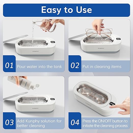 Upgraded KUNPHY Ultrasonic Jewelry Cleaner with 50ml Solution, 48KHZ, 12OZ Capacity, Ultrasonic Cleaner with 3 Digital Timer, Touch Control, Idea for Jewelry, Eyeglass, Rings, Diamond
