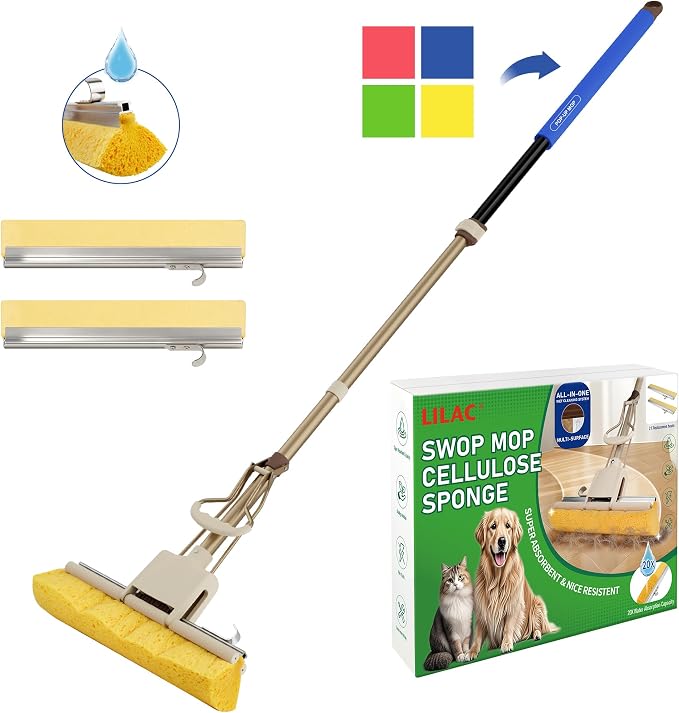 LILAC Cellulose Sponge mop with 2 Replacement Sponge Heads, 4-Color Handle Choices for Zoned Cleaning, Super Absorbent Pop Up Roller Mop Sponge for Hardwood,Laminate Floors (Blue Hand)